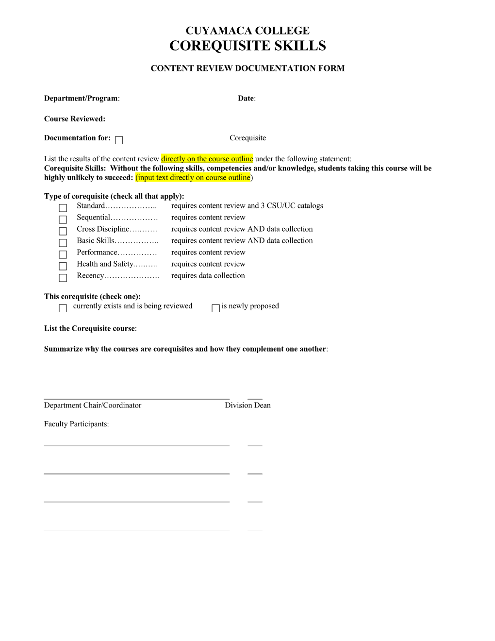 Content Review Documentation Form