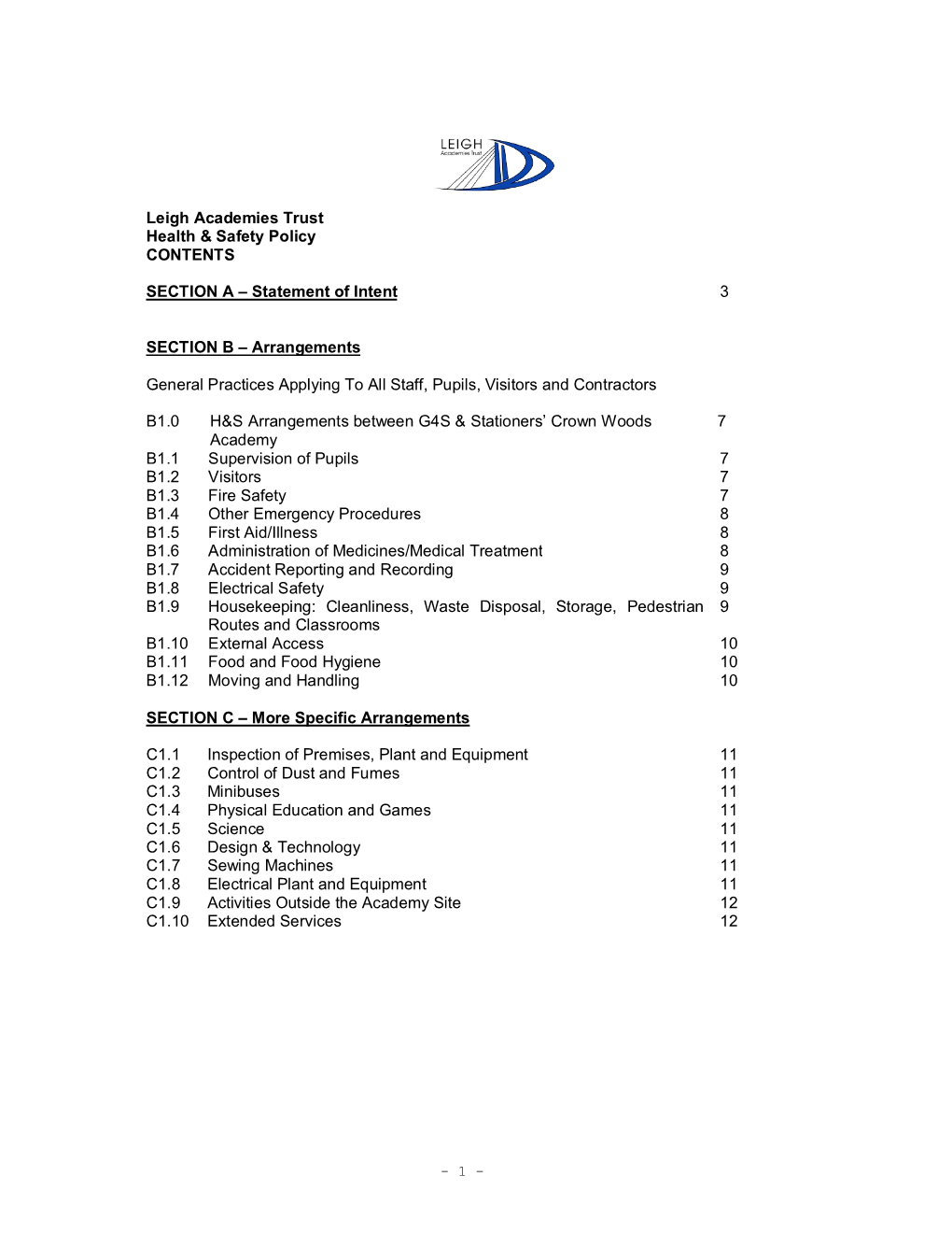 Leigh Academies Trust Health & Safety Policy CONTENTS SECTION A