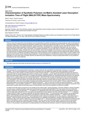 Characterization of Synthetic Polymers Via Matrix Assisted Laser Desorption Ionization Time of Flight (MALDI-TOF) Mass Spectrometry