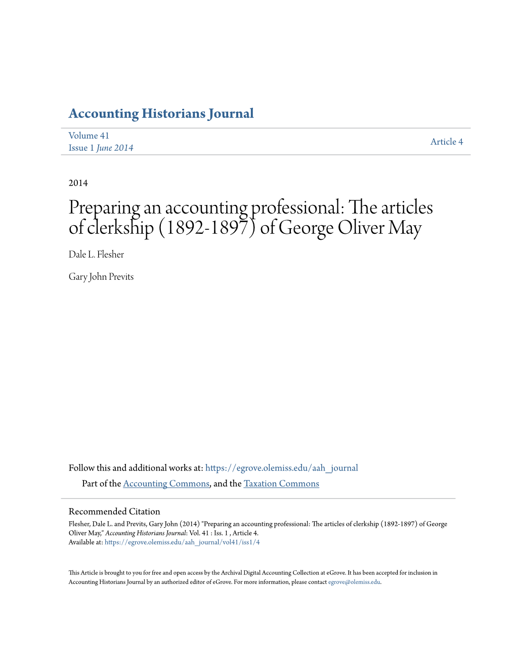 Preparing an Accounting Professional: the Ra Ticles of Clerkship (1892-1897) of George Oliver May Dale L