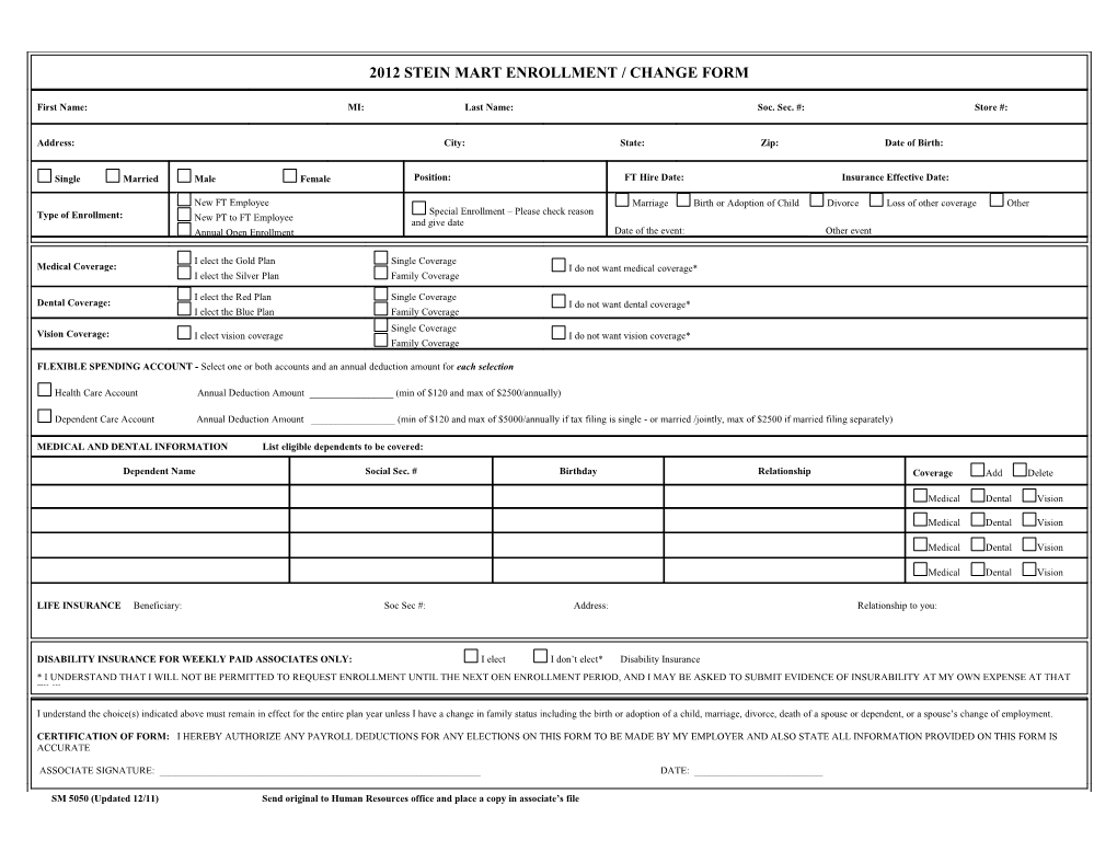 Stein Mart Benefit Form