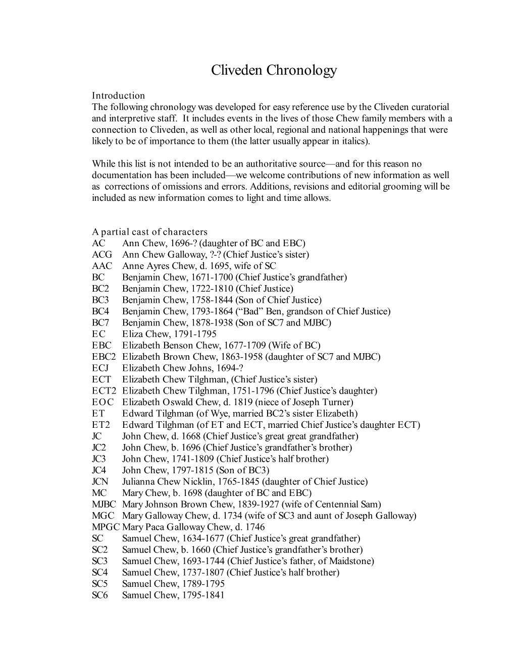 Chew Family Chronology