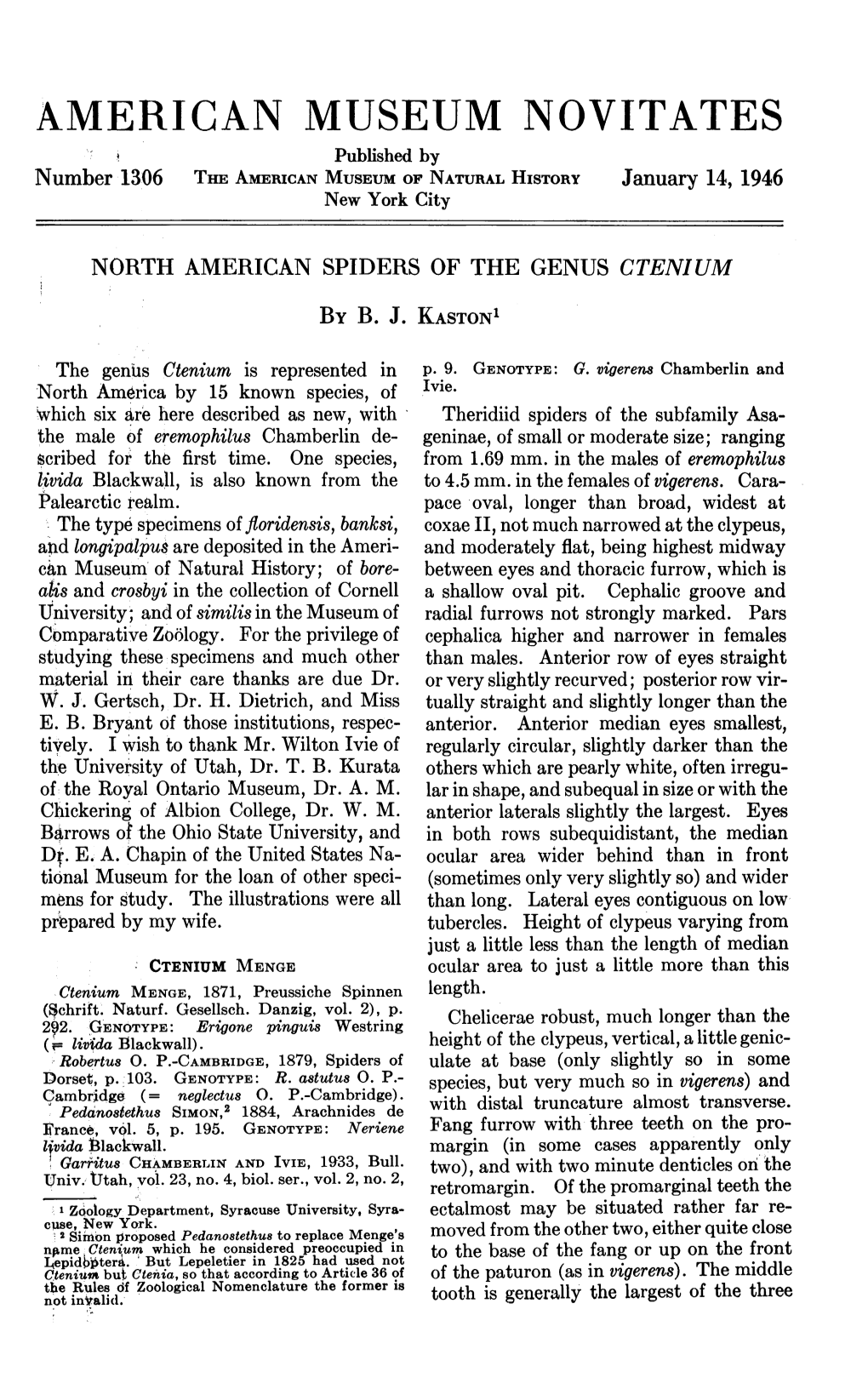 AMERICAN MUSEUM NOVITATES Published by Number 1306 the AMERICAN MUSEUM of NATURAL HISTORY January 14, 1946 New York City