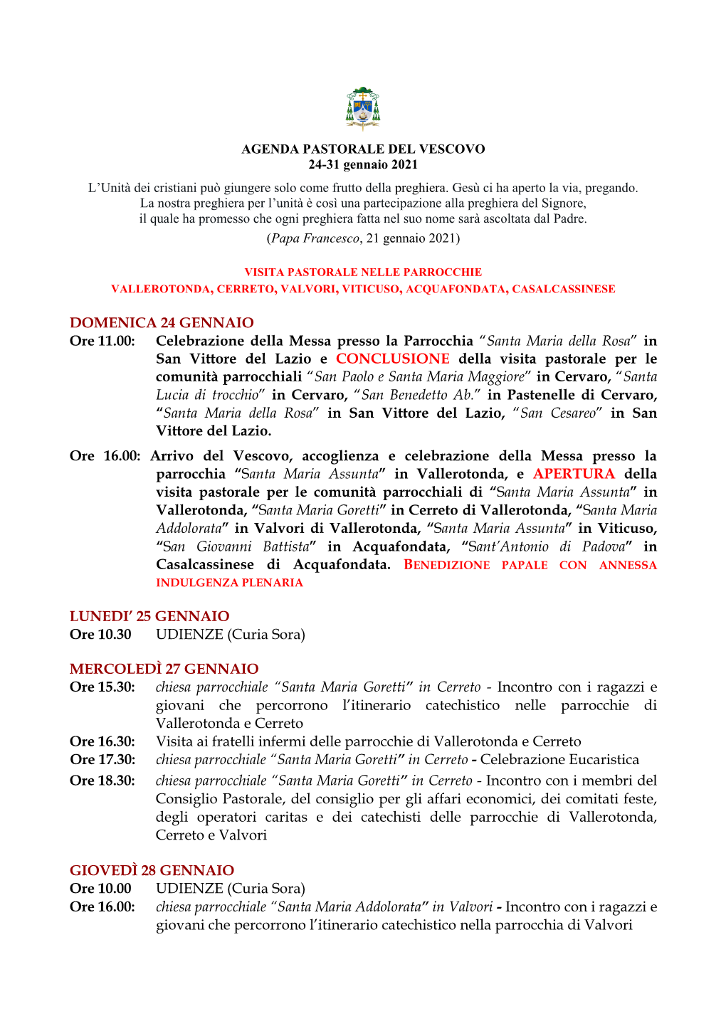 Agenda 24-31 Gennaio 2021