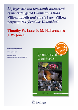 Phylogenetic and Taxonomic Assessment of the Endangered Cumberland Bean, Villosa Trabalis and Purple Bean, Villosa Perpurpurea (Bivalvia: Unionidae)