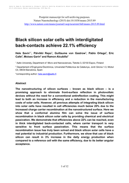 Black Silicon Solar Cells with Interdigitated Back-Contacts Achieve 22.1% Efficiency