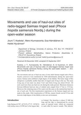 Movements and Use of Haul-Out Sites of Radio-Tagged Saimaa Ringed Seal (Phoca Hispida Saimensis Nordq.) During the Open-Water Season