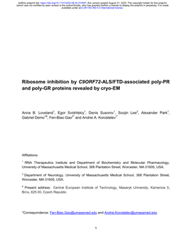 Ribosome Inhibition by C9ORF72-ALS/FTD-Associated Poly-PR and Poly-GR Proteins Revealed by Cryo-EM