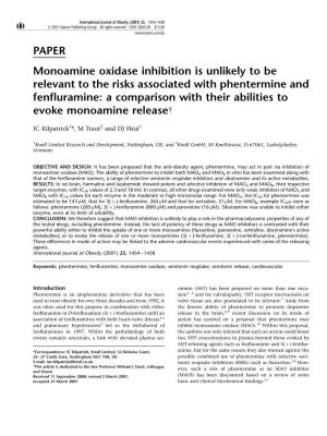 PAPER Monoamine Oxidase Inhibition Is Unlikely to Be Relevant To