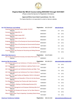 Virginia State Bar MCLE Course Listing 09/03/2021 Through 10/31/2021 (Please Contact the Sponsor for Registration Information)