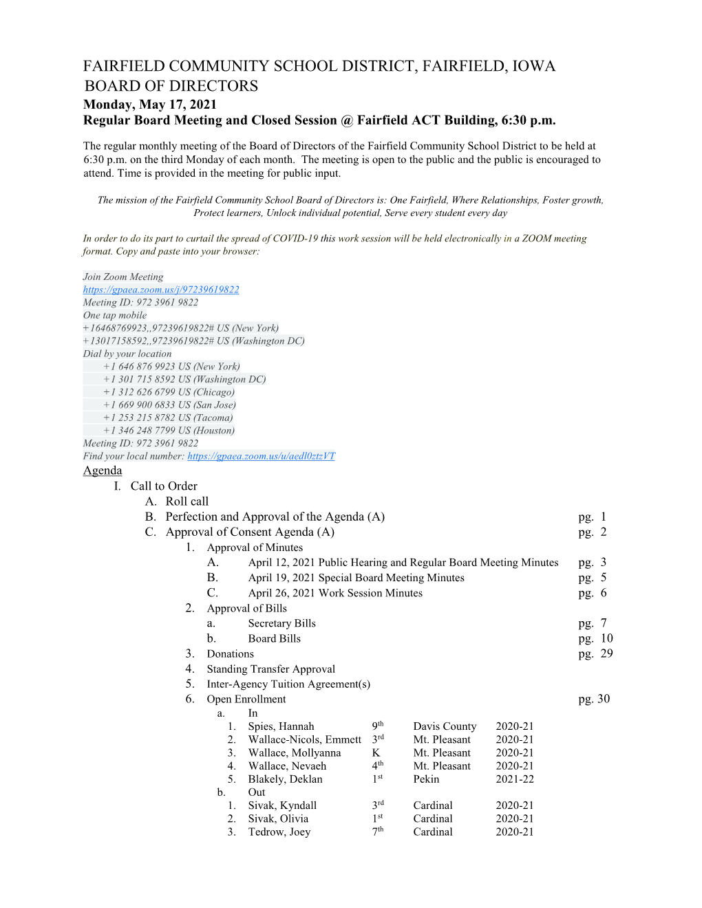 May 17, 2021 Regular Board Meeting and Closed Session Board Packet