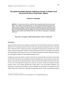Occupational Health Hazards of Women Farmers in Ankpa Local Government Area of Kogi State- Nigeria