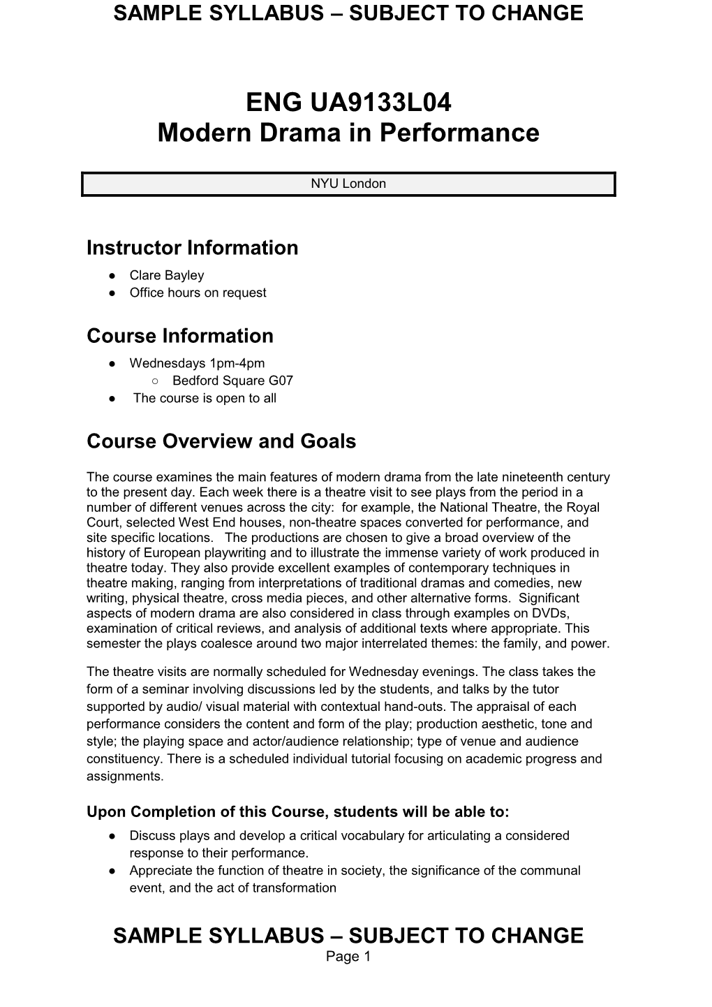 Sample Syllabus – Subject to Change