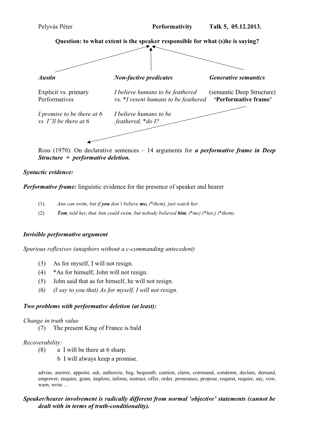 Ross (1970): on Declarative Sentences 14 Arguments for a Performative Frame in DS + Performative