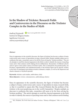 In the Shadow of Trickster. Research Fields and Controversies in the Discourse on the Trickster Complex in the Studies of Myth