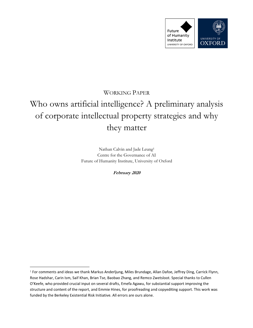 Who Owns Artificial Intelligence? a Preliminary Analysis of Corporate Intellectual Property Strategies and Why They Matter