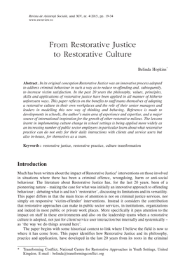 From Restorative Justice to Restorative Culture