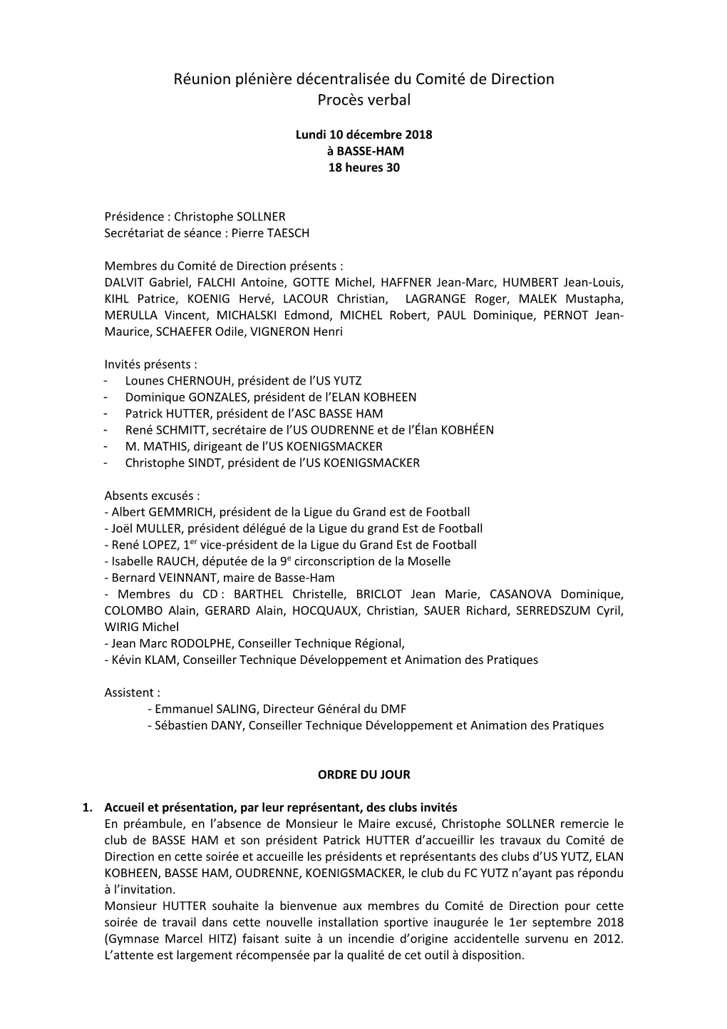 Réunion Plénière Décentralisée Du Comité De Direction Procès Verbal