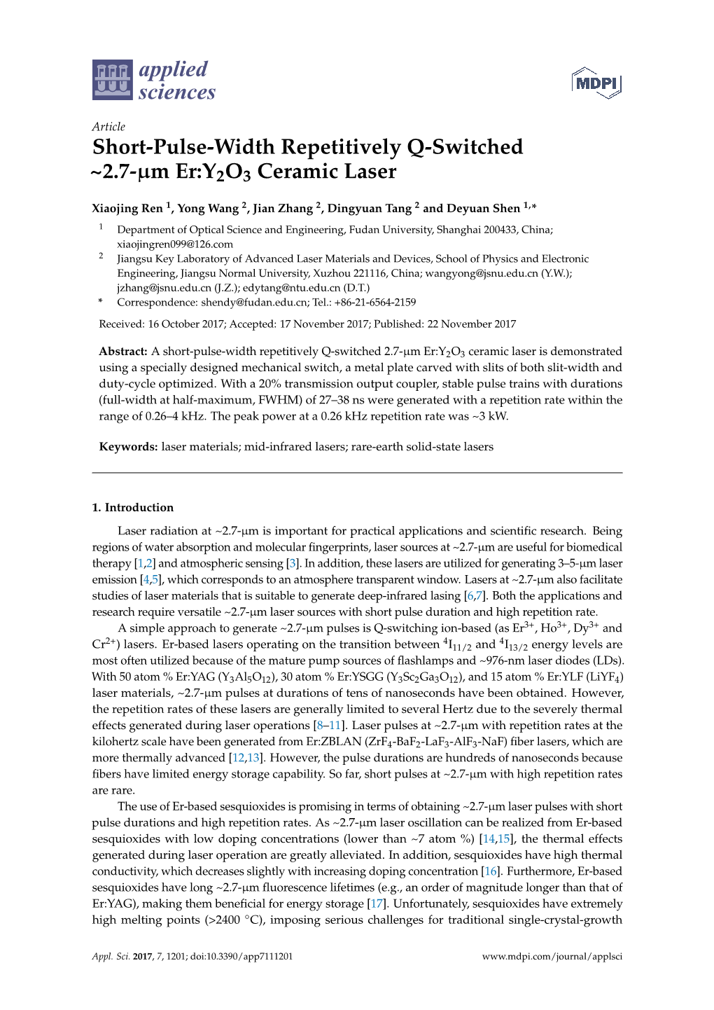 Short-Pulse-Width Repetitively Q-Switched ~2.7-Μm Er:Y2O3 Ceramic Laser