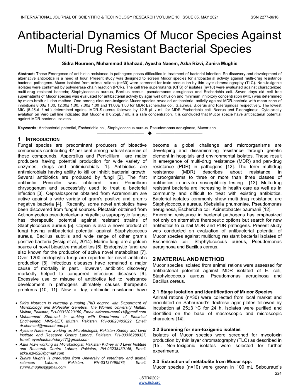 Antibacterial Dynamics of Mucor Species Against Multi-Drug Resistant Bacterial Species