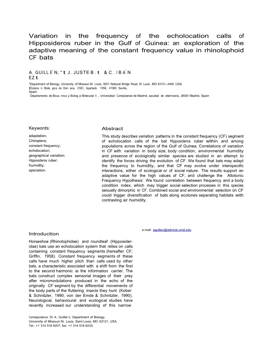 Variation in the Frequency of the Echolocation Calls of Hipposideros Ruber in the Gulf