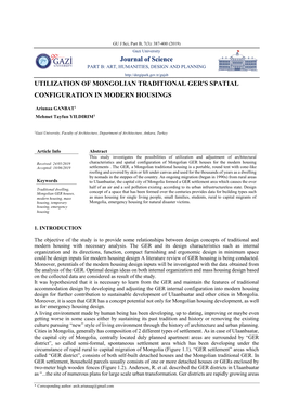 Journal of Science UTILIZATION of MONGOLIAN TRADITIONAL GER's SPATIAL CONFIGURATION in MODERN HOUSINGS