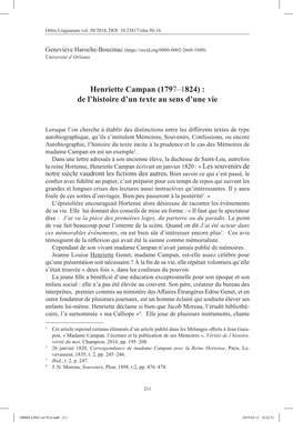 Henriette Campan (1797–1824) : De L’Histoire D’Un Texte Au Sens D’Une Vie