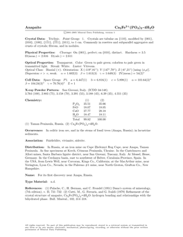 Anapaite Ca2fe (PO4)2 • 4H2O C 2001-2005 Mineral Data Publishing, Version 1
