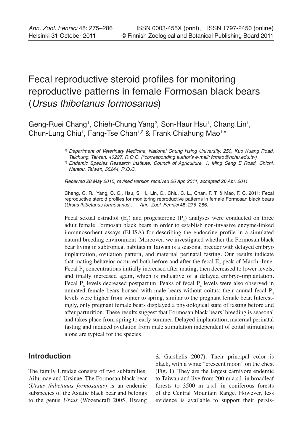 Fecal Reproductive Steroid Profiles for Monitoring Reproductive Patterns in Female Formosan Black Bears (Ursus Thibetanus Formosanus)