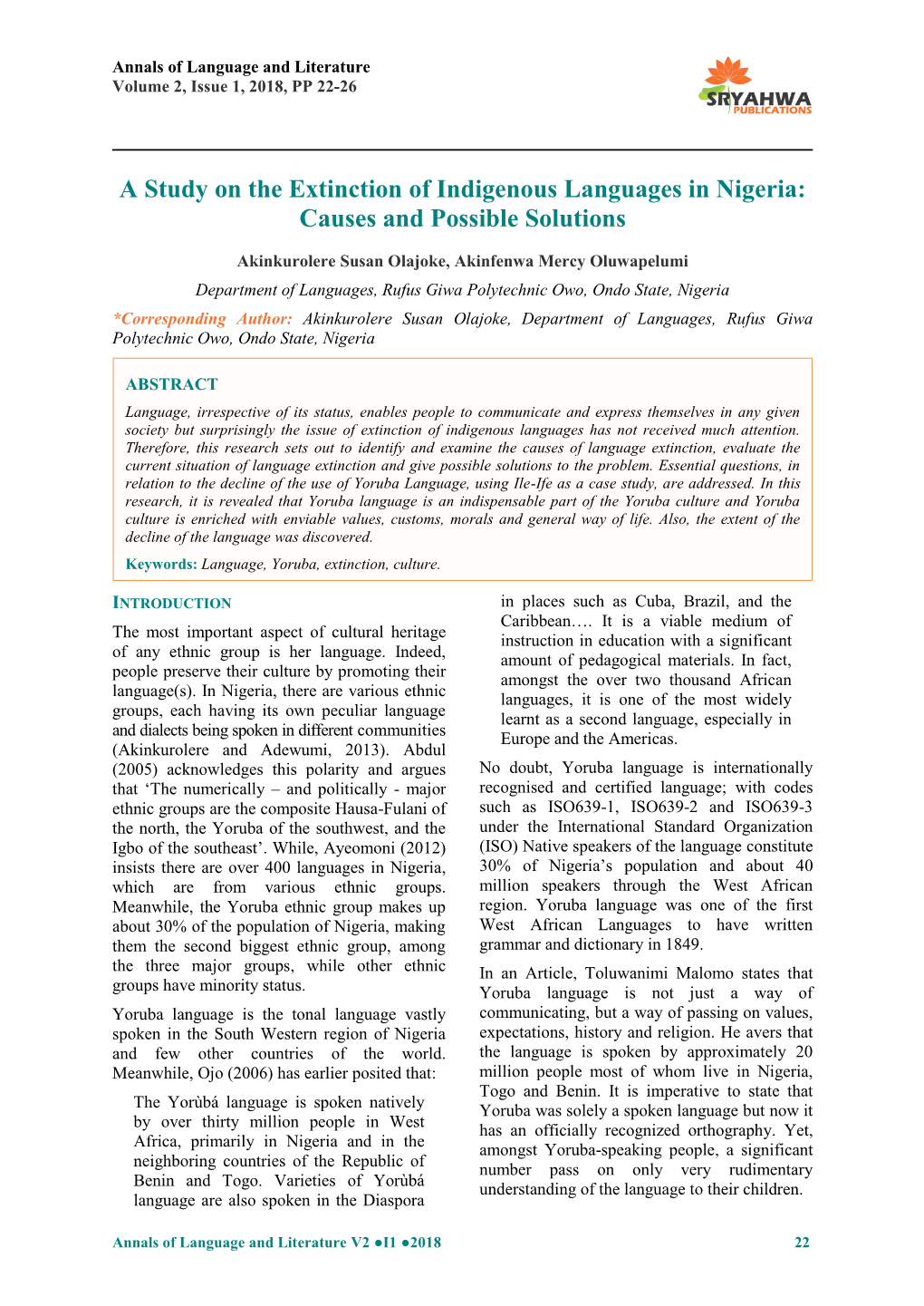 A Study on the Extinction of Indigenous Languages in Nigeria: Causes and Possible Solutions