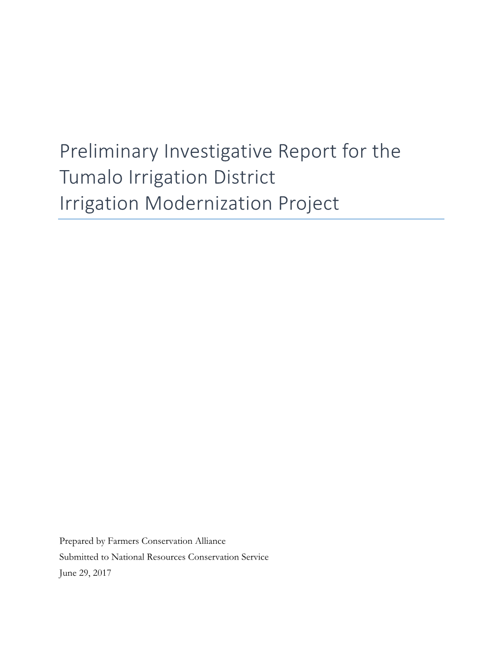 Preliminary Investigative Report for the Tumalo Irrigation District Irrigation Modernization Project
