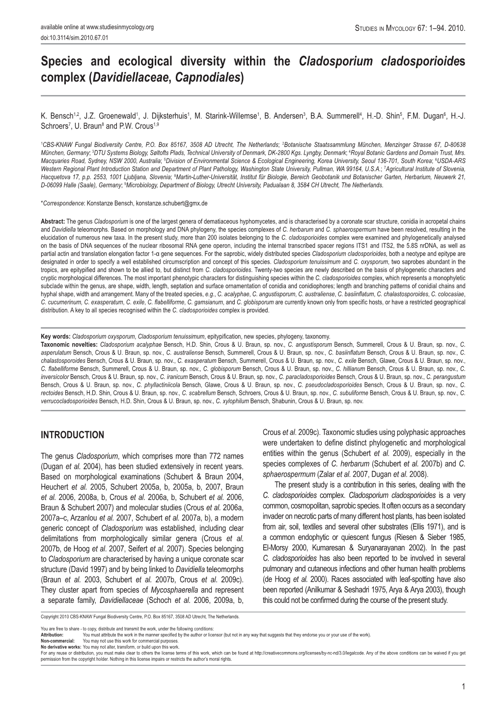 Species and Ecological Diversity Within the Cladosporium Cladosporioides Complex (Davidiellaceae, Capnodiales)