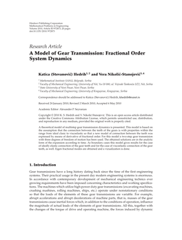 A Model of Gear Transmission: Fractional Order System Dynamics