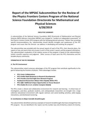 Physics Frontiers Center Subcommittee 2019 Report