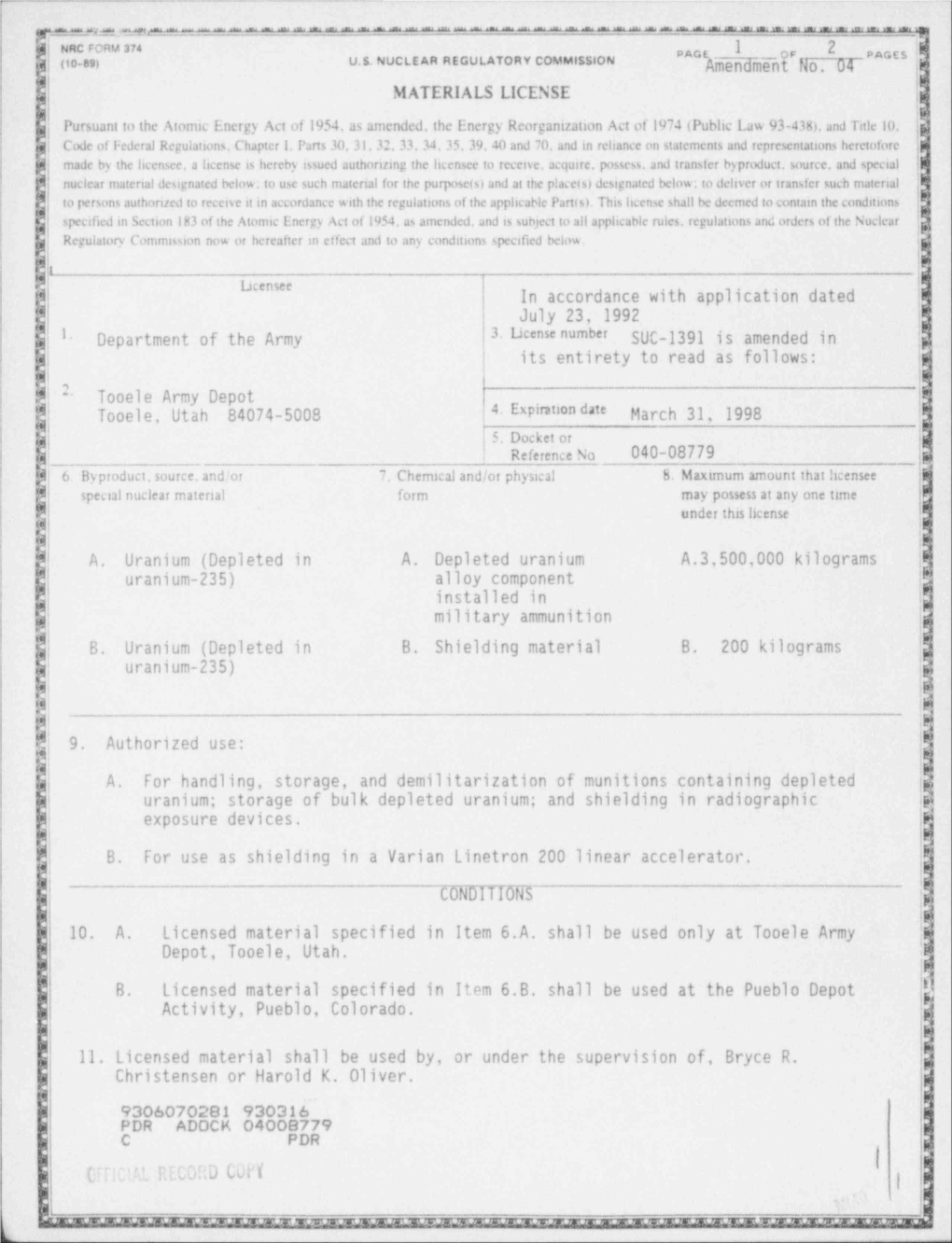 Matls Licensing Package for Amend 4 to License SUC-1391 for Dept