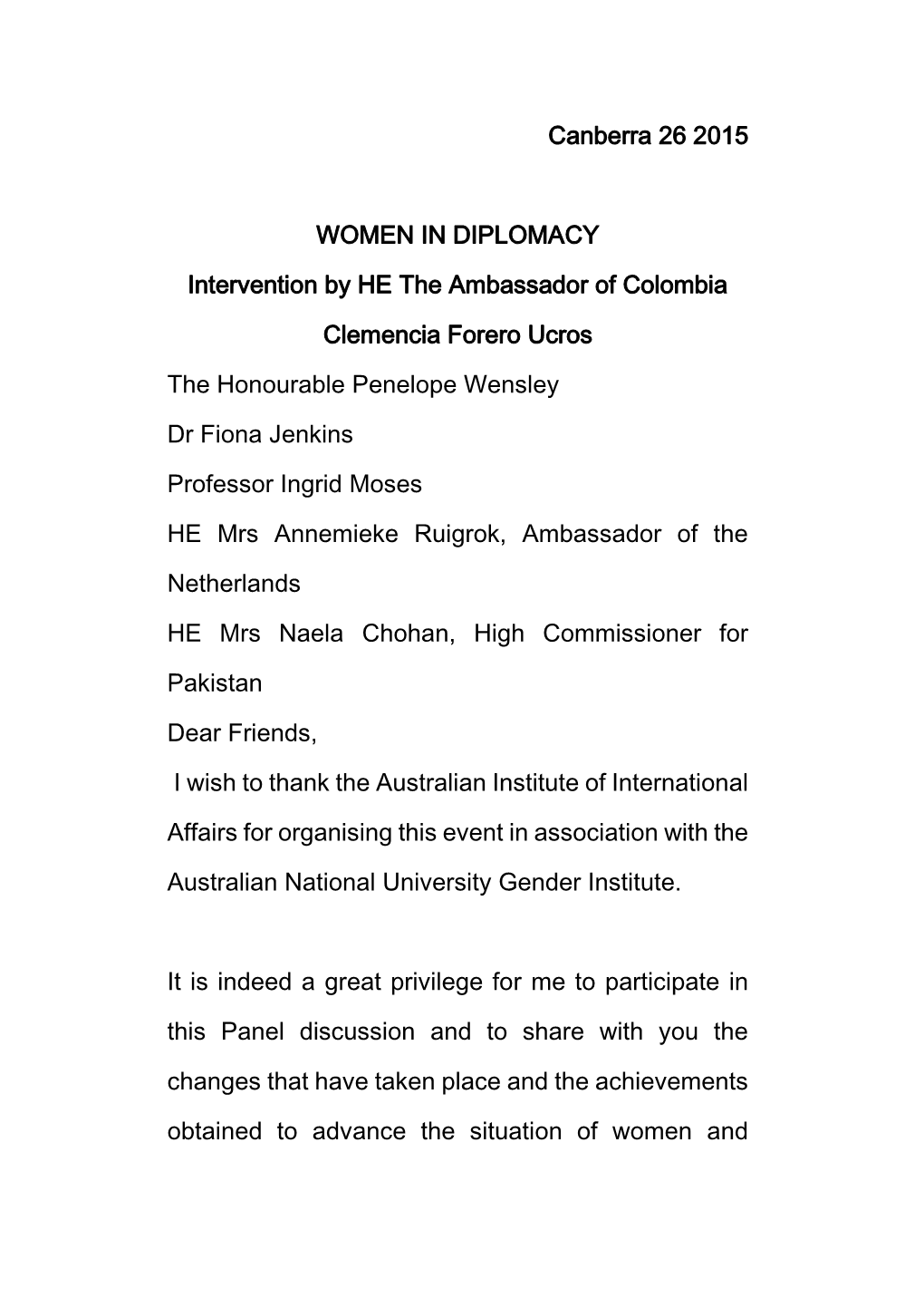 Canberra 26 2015 WOMEN in DIPLOMACY Intervention by HE