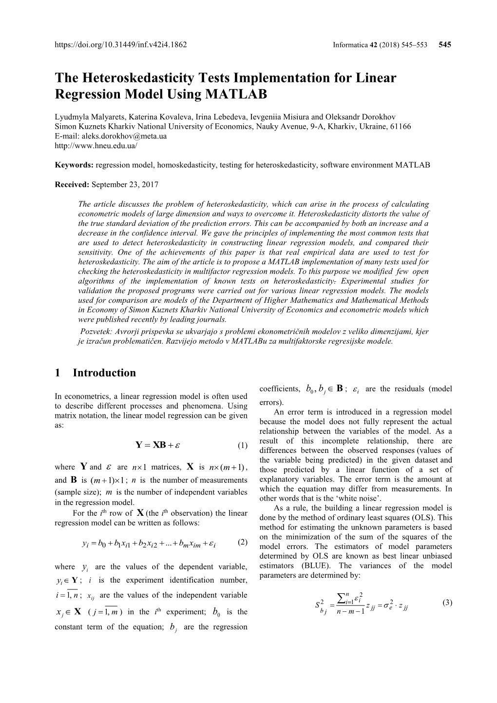 The Heteroskedasticity Tests Implementation for Linear Regression Model Using MATLAB