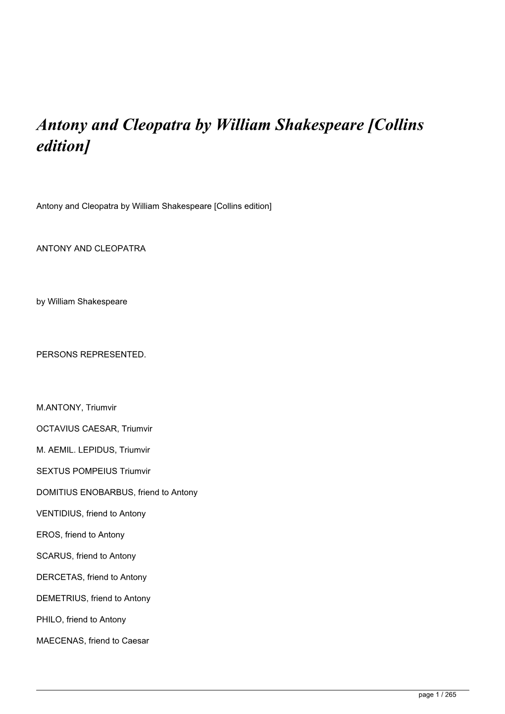 Antony and Cleopatra by William Shakespeare [Collins Edition]