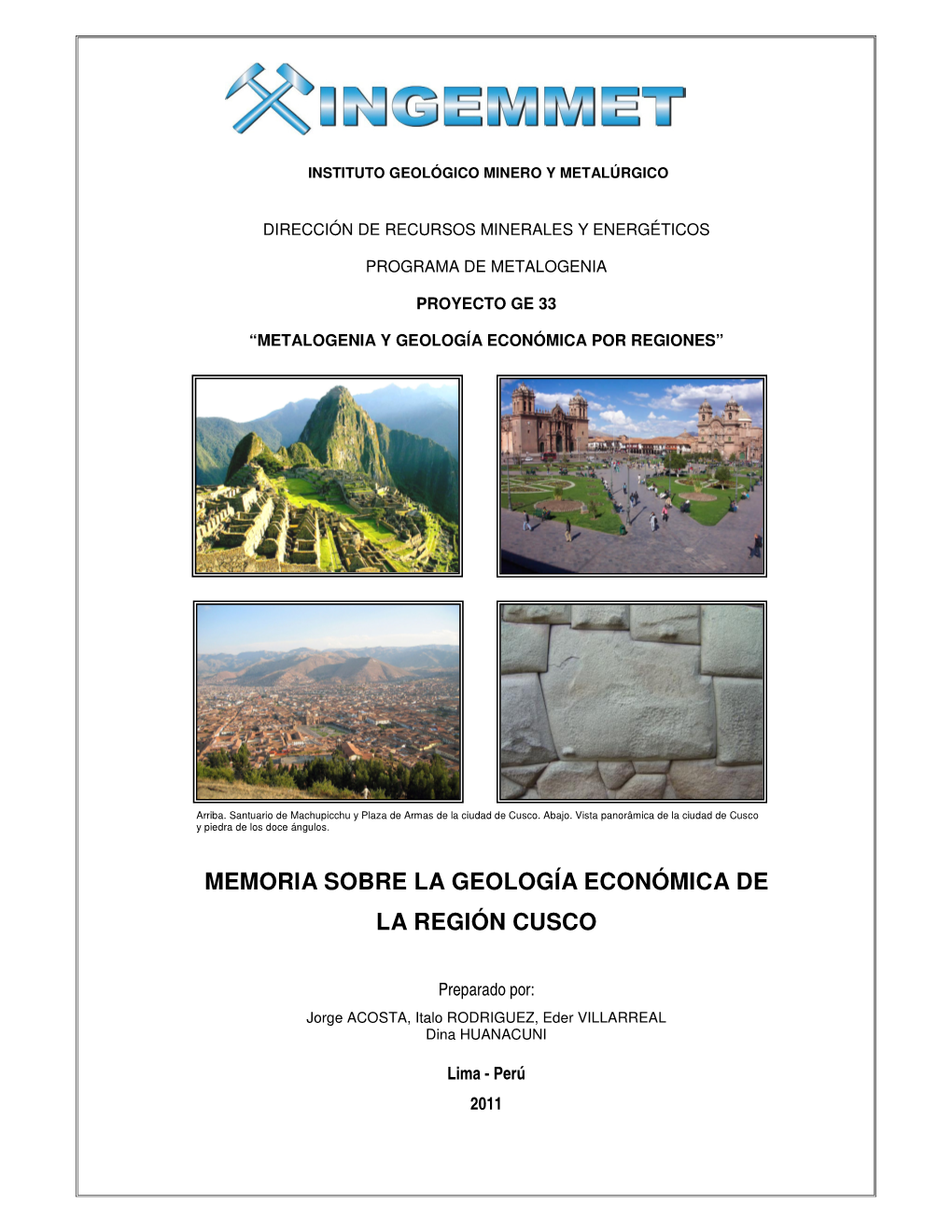 Memoria Sobre La Geología Económica De La Región Cusco