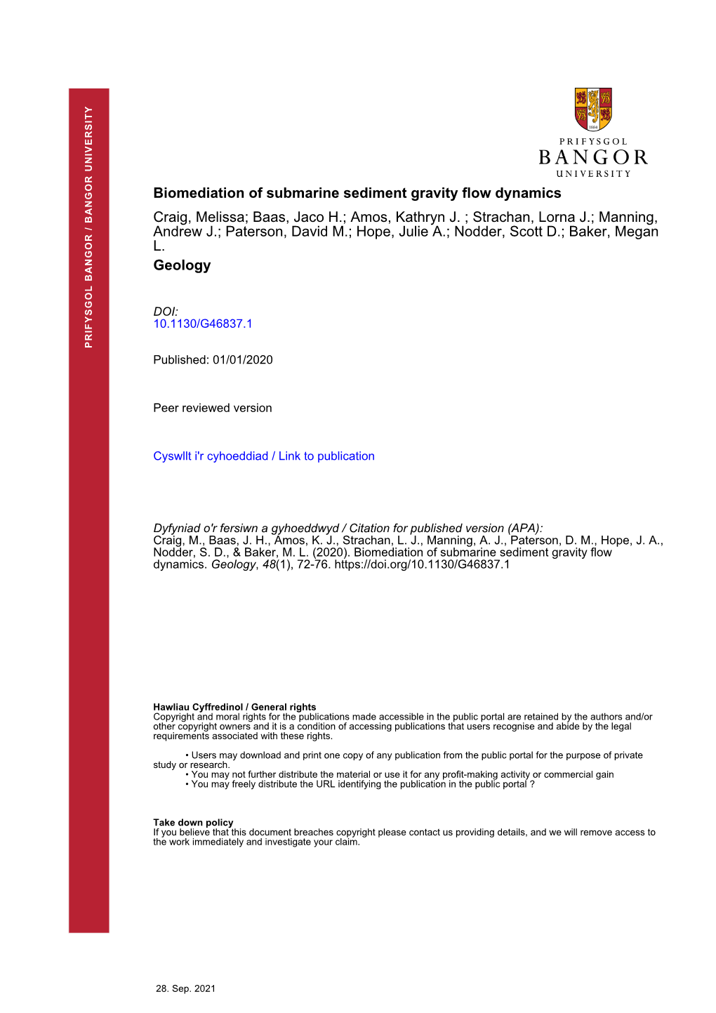 Biomediation of Submarine Sediment Gravity Flow Dynamics Craig, Melissa