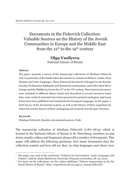 Documents in the Firkovich Collection: Valuable Sources on the History of the Jewish Communities in Europe and the Middle East from the 12Th to the 19Th Century