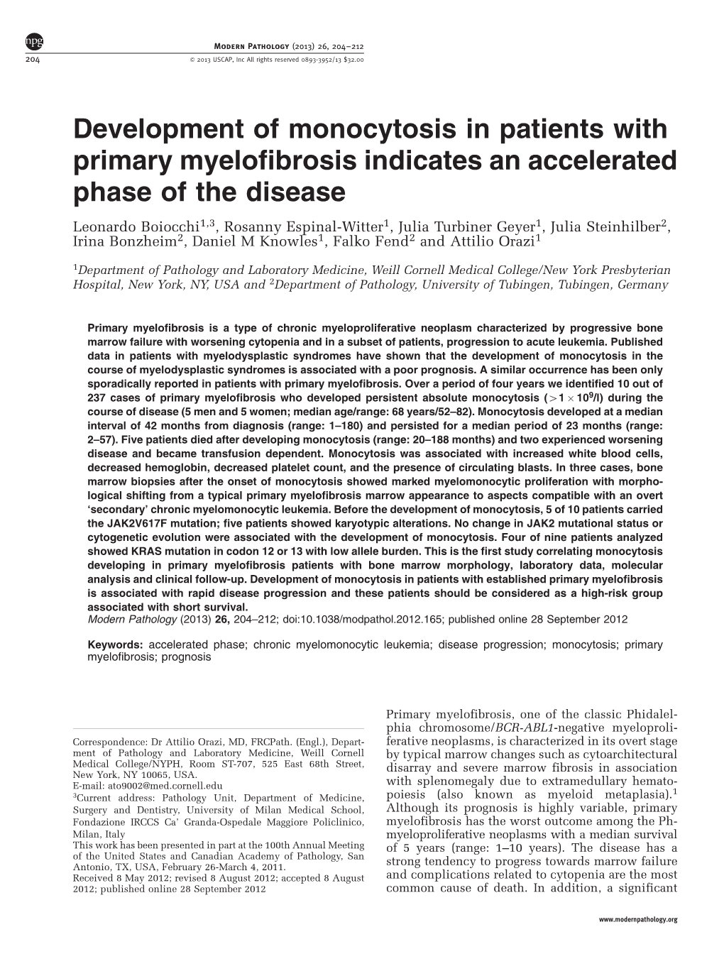 Development of Monocytosis in Patients with Primary Myelofibrosis