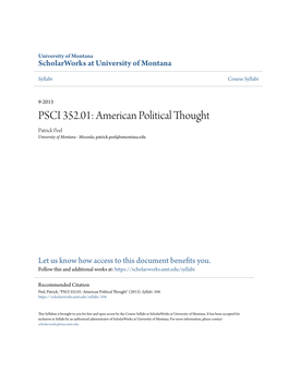 American Political Thought Patrick Peel University of Montana - Missoula, Patrick.Peel@Umontana.Edu