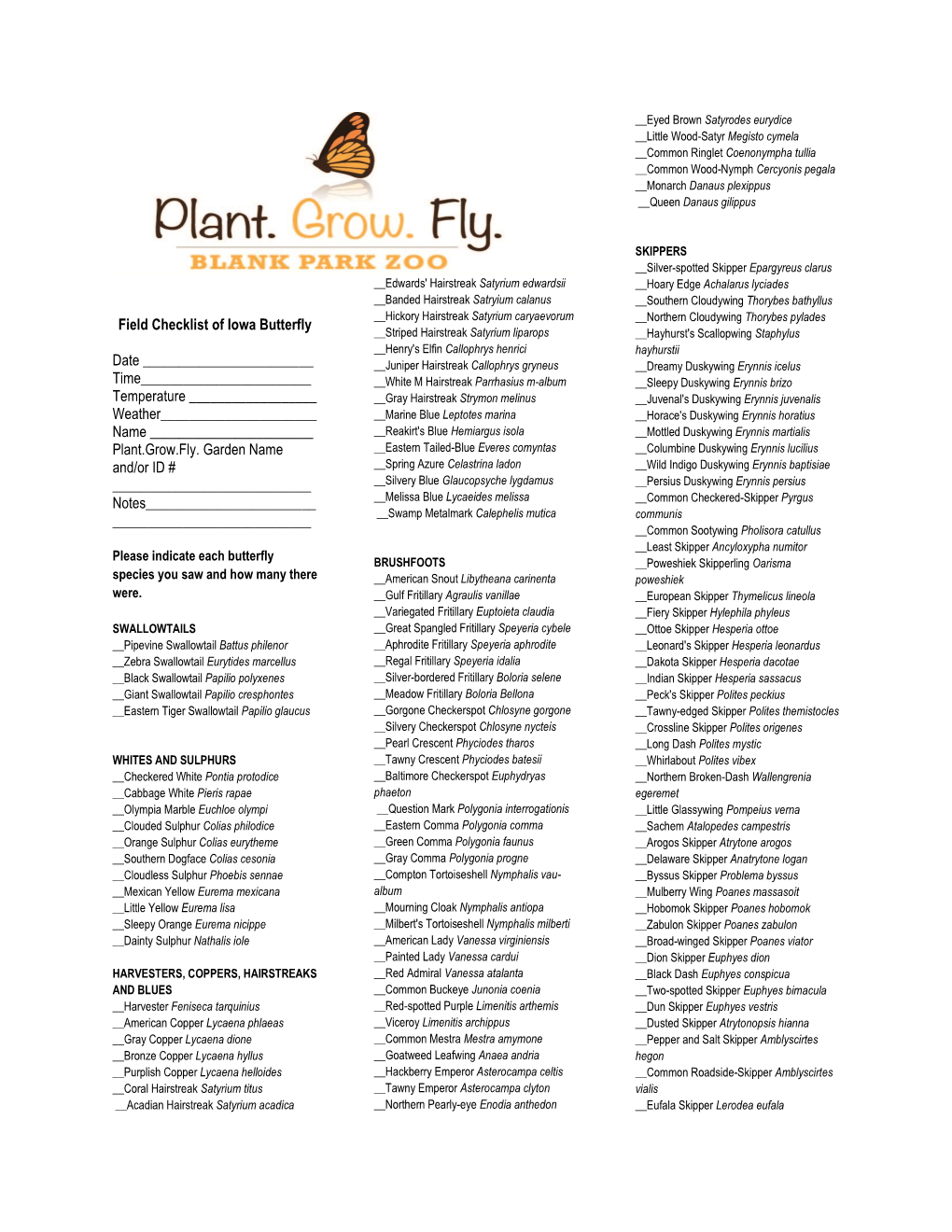 Field Checklist of Iowa Butterfly Date