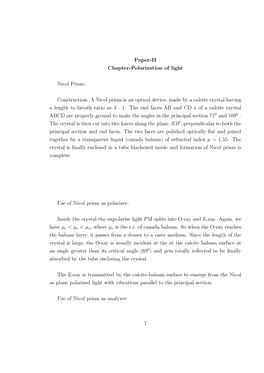 Paper-II Chapter-Polarization of Light Nicol Prism