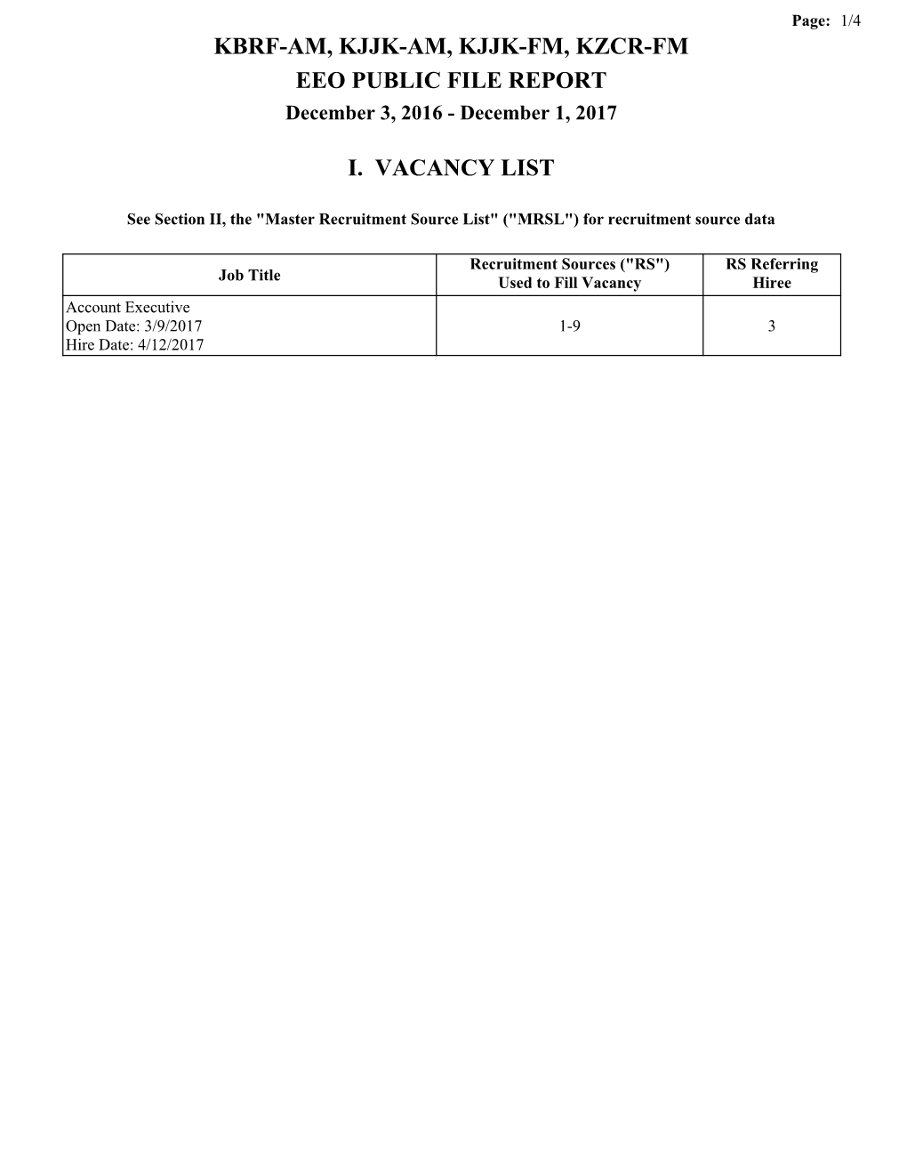 KBRF-AM, KJJK-AM, KJJK-FM, KZCR-FM EEO PUBLIC FILE REPORT December 3, 2016 - December 1, 2017