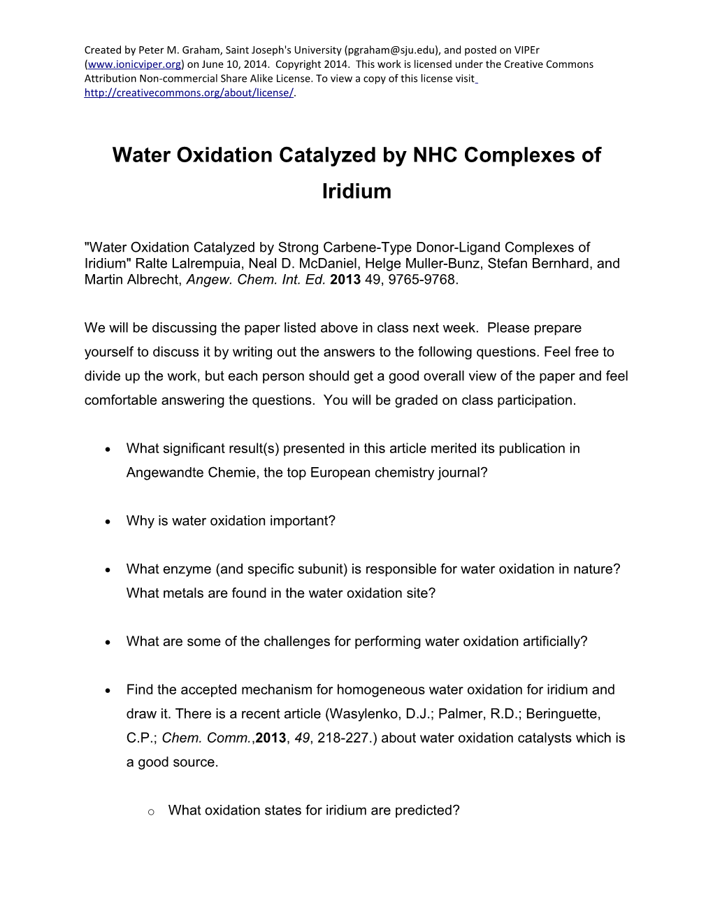 Water Oxidation Catalyzed by NHC Complexes of Iridium
