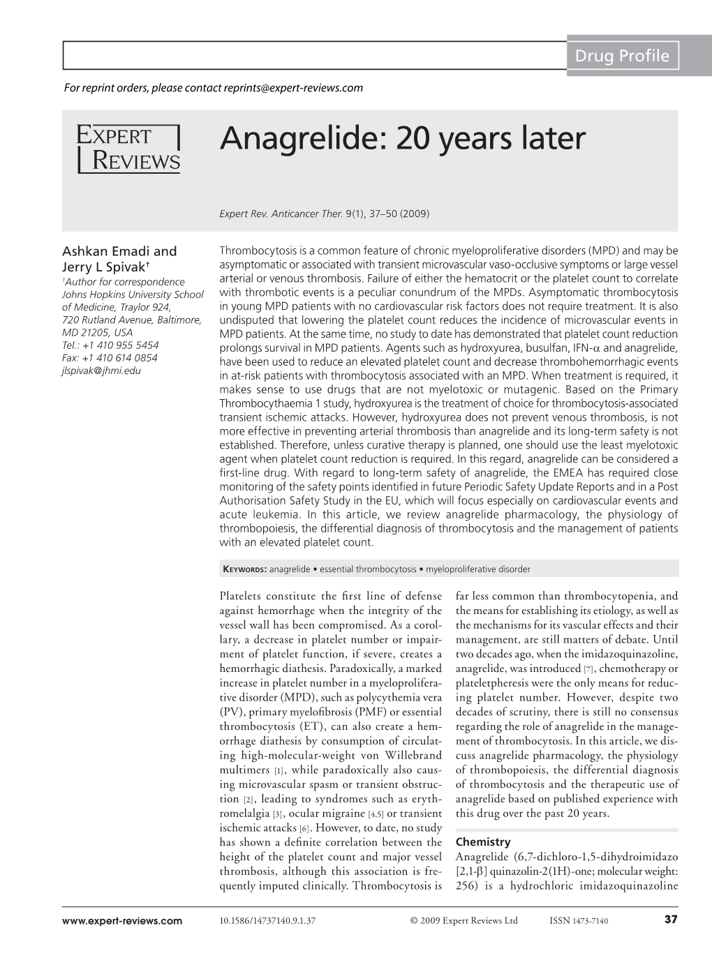 Anagrelide: 20 Years Later