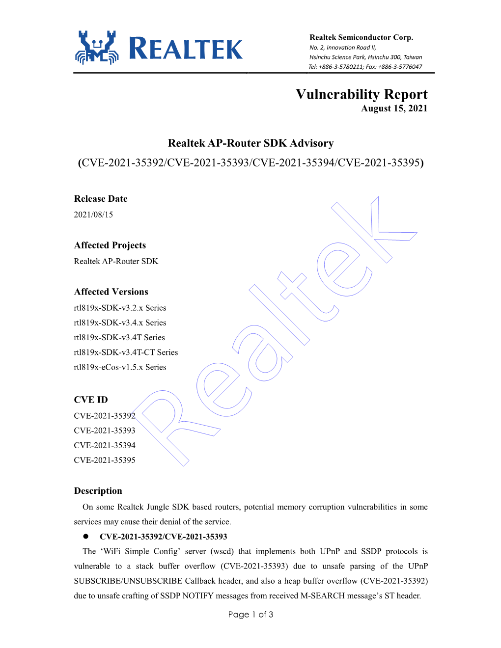 Realtek AP Router SDK Vulnerabilities