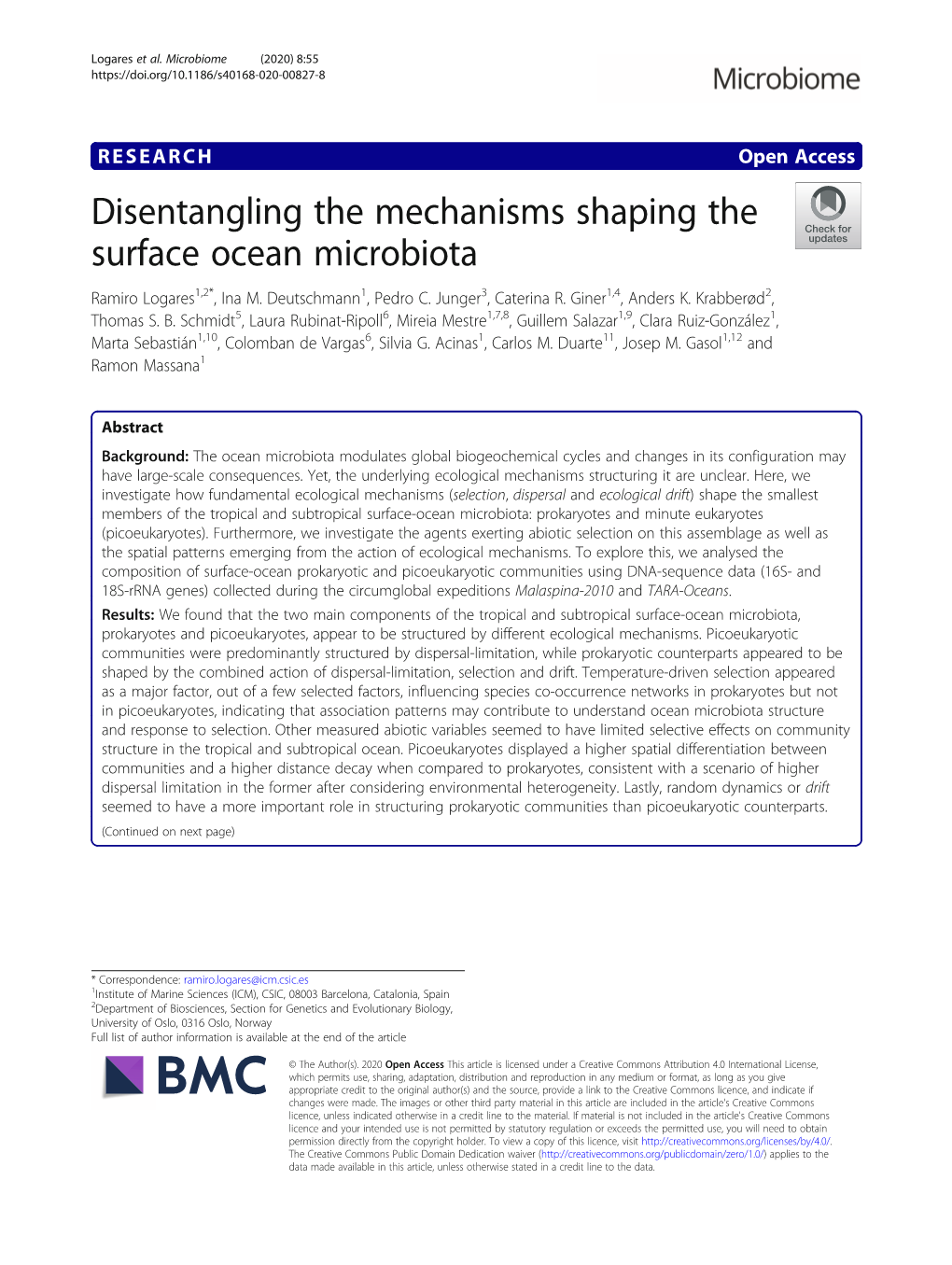 Disentangling the Mechanisms Shaping the Surface Ocean Microbiota Ramiro Logares1,2*, Ina M